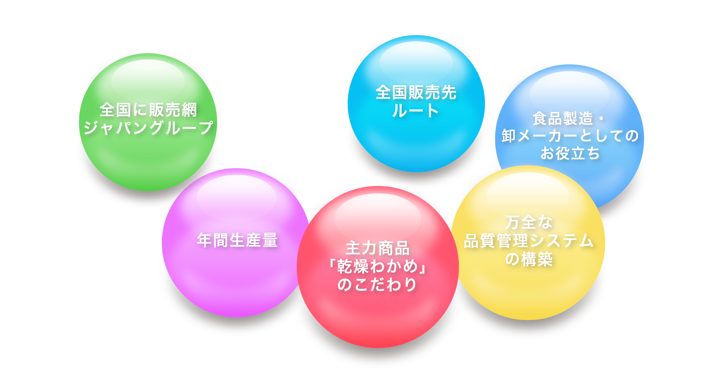 業務内容「全国に販売網 ジャパングループ／全国販売先 ルート／食品製造・ 卸メーカーとしての お役立ち／年間生産量／主力商品 「乾燥わかめ」 のこだわり／万全な 品質管理システム の構築」